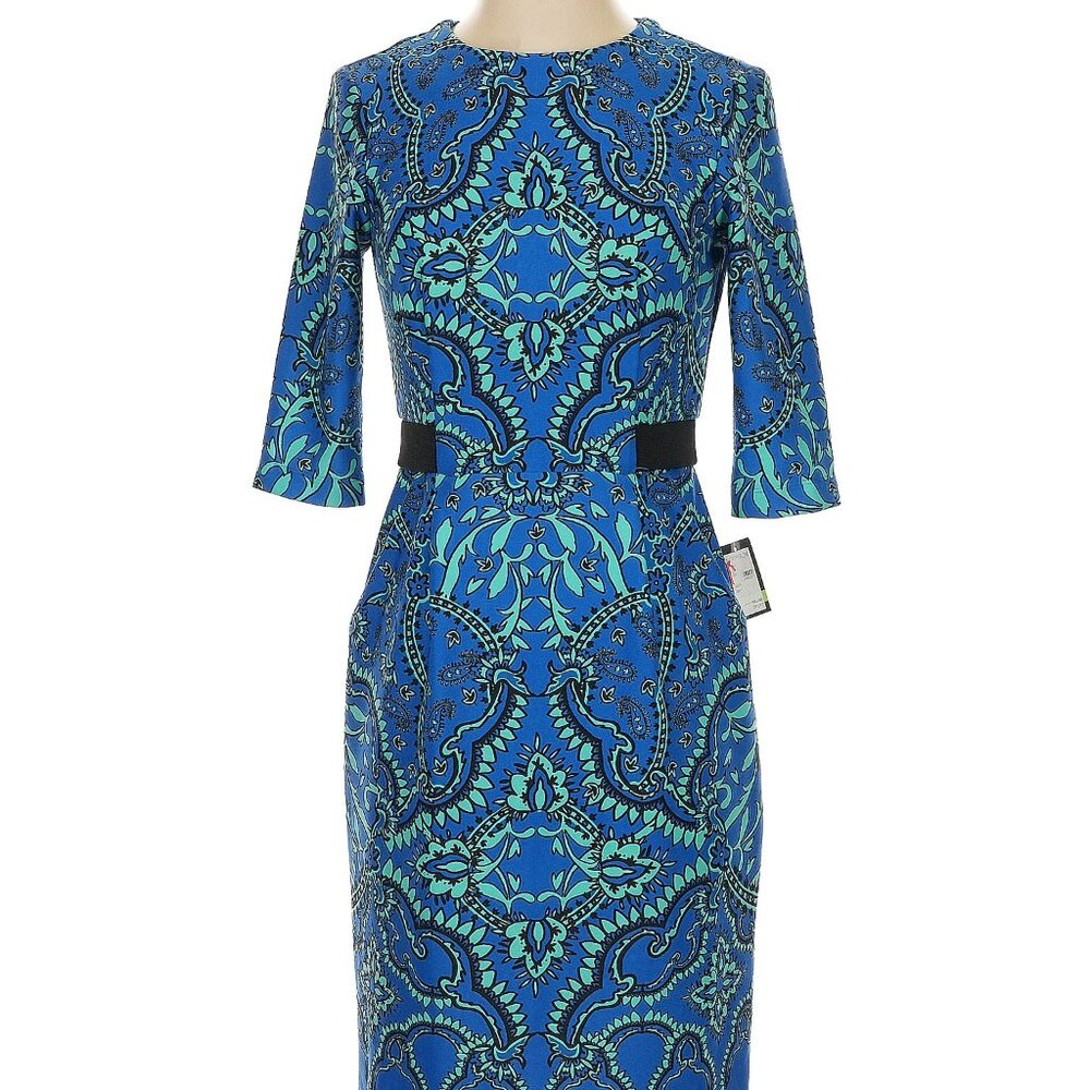 NWOT Gabby Skye bright blue & teal paisley dress, Size 4